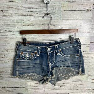 True Religion Blue Distressed Low-Rise Denim Cutoff Shorts